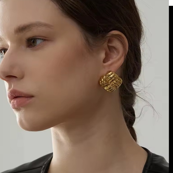 Bold Gold Woven Earrings | PVD Real Gold Plated Stainless Steel - Picture 3 of 11